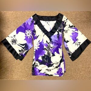 Elegant V-Neck Floral Blouse - Purple and Black